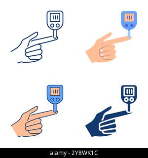 Blood sugar level test icon set in flat and line style. Hand with glucose testing monitor, glucometer. Vector illustration Stock Vector