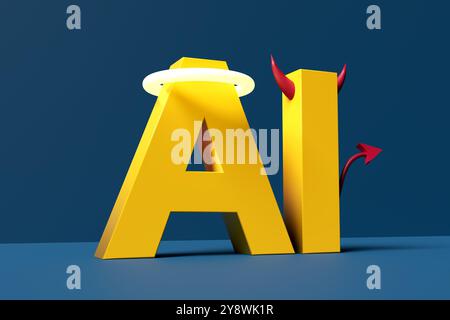 AI ethics and morality concept. The use of artificial intelligence for the good or bad. The acronym AI with angel halo and devil's horn and tail on bl Stock Photo