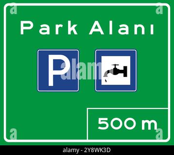 Parking area sign, Highway Signs, Highway Standard Traffic Signs Turkey (Turkish: Karayolları Standart Trafik İşaret Levhaları, Otoyol İşaretleri, Par Stock Vector