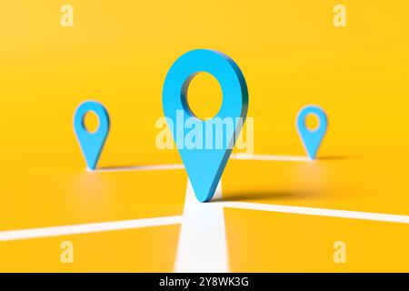 Location map pin icons on yellow background. Travel route, navigation, finding location or destination concept. 3D render. Stock Photo