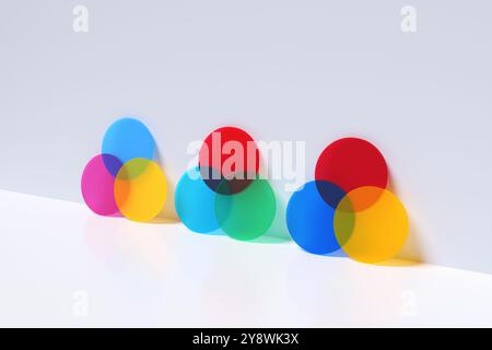 Color Theory. Color models on plexiglass circles. Three additive or subtractive models of CMY or CMYK (Cyan, Magenta, Yellow and Black), RGB (Red, Gre Stock Photo