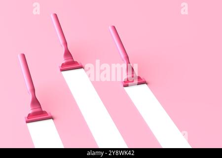 Pink razor blades with white trace on pink background. Shaving and personal body care concept. 3D render. Stock Photo