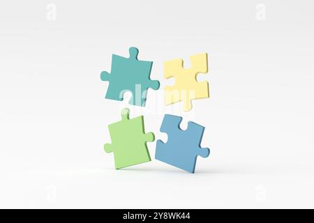 Connection, teamwork, problem solving and collaboration concepts. Pastel colored puzzle pieces connecting on white background. 3D render. Stock Photo