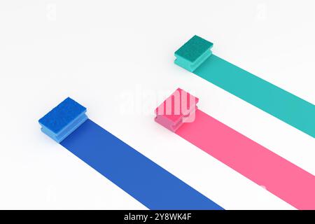 Scouring sponges with blue and pink pads competing on white background. 3D render. Stock Photo