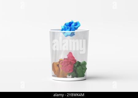 Colorful crumpled papers thrown into the office trash bin on white background. 3D render. Stock Photo