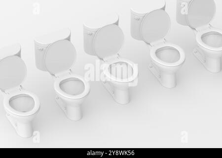 White ceramic toilet bowls in a row with opened lid on white background. High angle view. 3D render. Stock Photo