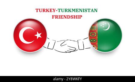 turkey and turkmenistan flags in circle with shake hand. turkey And turkmenistan friendship. turkey And turkmenistan flags, isolated on white Stock Vector