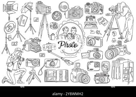 Photo cameras and lighting equipment or photographers from different eras. Family portrait near vintage cameras and modern devices for creating and printing photographs. Hand drawn. Stock Vector