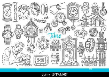 Clocks indicating time hang on walls or are intended to be worn on hand, near buildings with chimes. Vintage clocks and alarmclock near hourglass and craftsman repairing mechanism. Hand drawn. Stock Vector