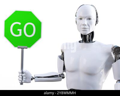 3D rendering of a male robot holding a green go sign. White background. Stock Photo
