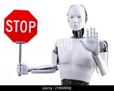 3D rendering of a male robot holding a red stop sign and holding his hand up like he is saying stop. White background. Stock Photo