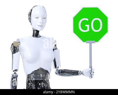 3D rendering of a female robot holding a green go sign. Stock Photo