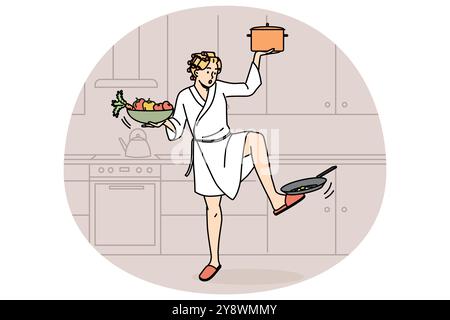 Woman in bathrobe multitask at home with household activities. Housewife busy with chores in kitchen. Vector illustration. Stock Vector