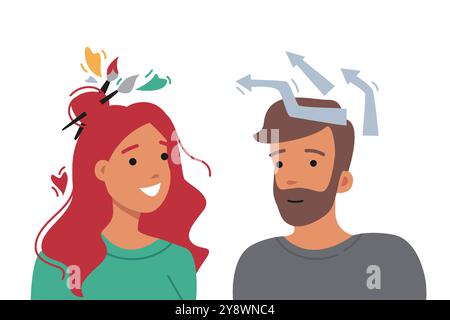 People with analytical and creative minds, using differences in thinking to brainstorm Stock Vector