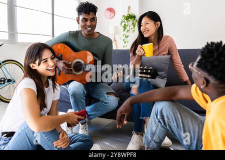 Young group of millennial friends having fun together at home Stock Photo