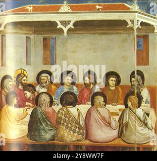 GIOTTO di Bondone (b. 1267, Vespignano, d. 1337, Firenze)  No. 29 Scenes from the Life of Christ: 13. Last Supper 1304-06 Fresco, 200 x 185 cm Cappella Scrovegni (Arena Chapel), Padua  The story continues on the tier below, on the window-side (right side) of the chapel. Here we have a symmetrical arrangement (an outdoor scene flanked by two indoor scenes) of scenes from the Passion of Christ - the Last Supper, the Washing of Feet, the Kiss of Judas, Christ before Caiaphas, and the Flagellation. The quiet solemnity of the first two scenes, which have been given the same setting, is followed by Stock Photo