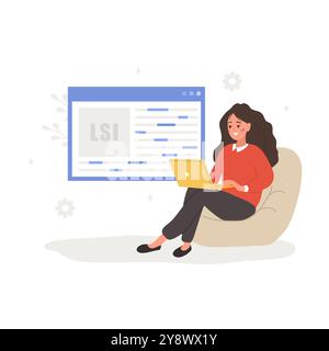 Lsi keyword. Latent Semantic Indexing. Key phrases generator. Vector illustration in flat cartoon style. Female character with laptop is engaged in Stock Vector