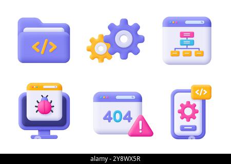 Web development , SEO, coding and programming 3d vector icon set. Cartoon minimal style. Stock Vector