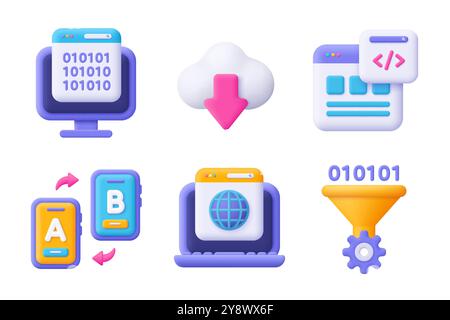 Web development , SEO, coding and programming 3d vector icon set. Cartoon minimal style. Stock Vector