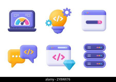 Web development , SEO, coding and programming 3d vector icon set. Cartoon minimal style. Stock Vector