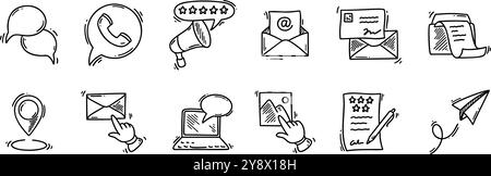 Contact us doodle icons set. Business communication sketch hand drawn vector illustration. Phone, messaging, fax, location, mail, client survey, revie Stock Vector