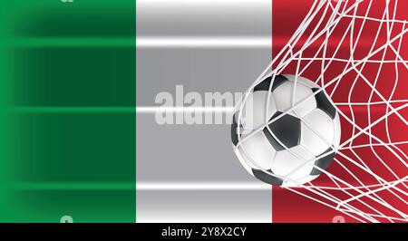 Soccer Football ball in Goal Net Isolated on Italy Shaded Flag, Sports Accessory Equipment for Playing Game, Championship Stock Vector