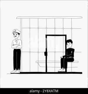 Policeman standing beside man in prison cell in flat vector illustration symbolizing law enforcement, incarceration, and justice system, isolated on Stock Vector