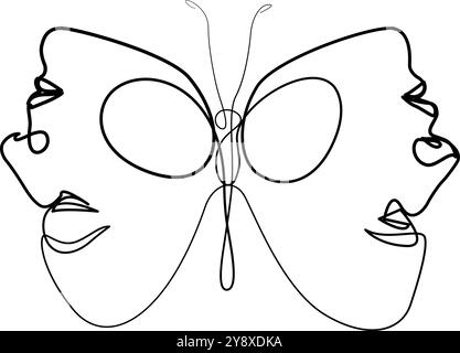 One line of abstract faces and wings isolated on white background. Hand ...