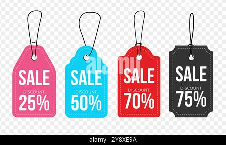 Set of sale tags and labels, discount price tags, 25, 50, 70, 75 percent. Sale discount banners with transparent background, Shopping stickers, Price Stock Vector