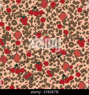 Made of leopard cherry and strawberry seamless pattern Stock Vector
