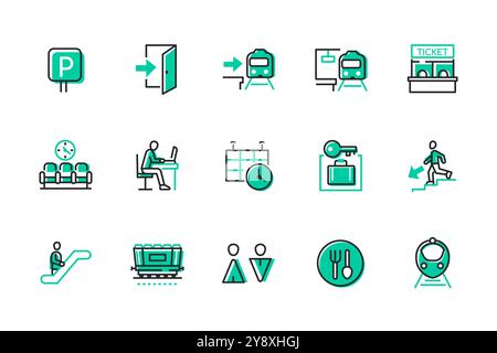 City station and transport - set of line design style icons Stock Vector