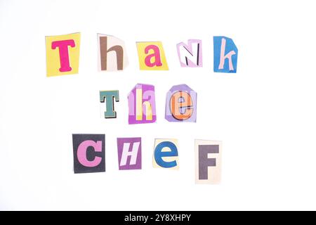 Thank you symbol. Fun cut out newspaper style typescript with words Thank the Chef. Isolated on clean white background. Stock Photo