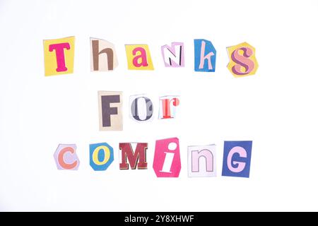 Thank you symbol. Fun cut out newspaper style typescript with words Thanks for Coming. Isolated on clean white background. Stock Photo