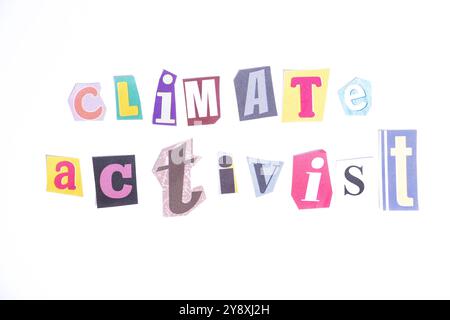 Phrase Climate Activist spelled in cut out newspaper style typography, isolated on white background. Stock Photo