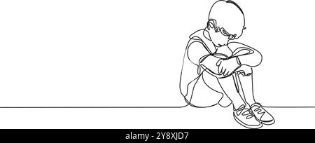 continuous single line drawing of sad boy sitting on floor, line art vector illustration Stock Vector