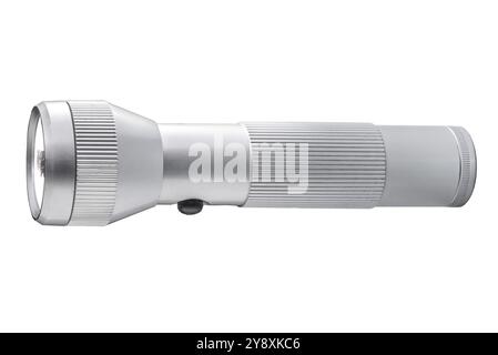 Aluminum metal LED flashlight. Portable flashlight isolated on white background with clipping path included Stock Photo
