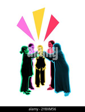 Poster. Contemporary art collage. Diverse group of professionals gathers, celebrating moment of success with colorful geometric shapes radiating Stock Photo