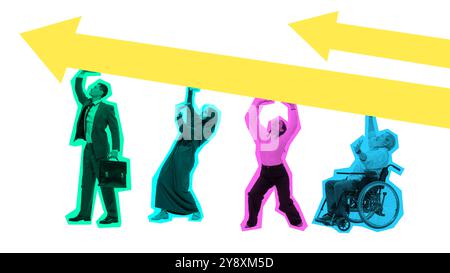 Poster. Contemporary art collage. Group of professionals lifting arrows together, symbolizing collective growth and power of teamwork in diverse Stock Photo