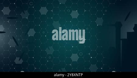 VR HUD futuristic interface hexagons grid. Digital UI screen hexagonal mesh. GUI hi tech visor seamless pattern. Spaceship head up display hex particles on dark green background. FUI Sci Fi dashboard Stock Vector