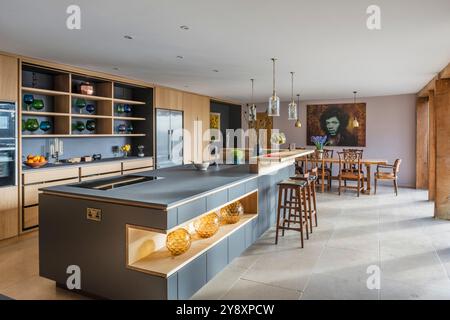 Grey worktop with built in glassware storage in modern designer open plan kitchen, Gloucestershire, England, UK Stock Photo
