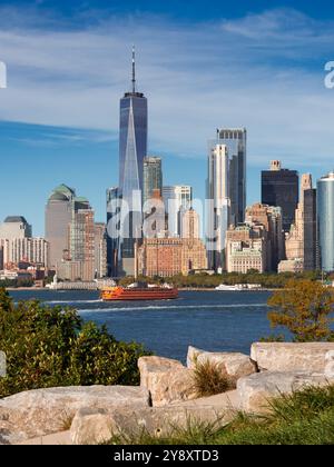 New York City skyline from Governor's Island. View of World Trade Center skyscrapers in Lower Manhattan Stock Photo