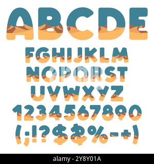 Alphabet, font with desert and dunes. Isolated vector object on white background. Stock Vector