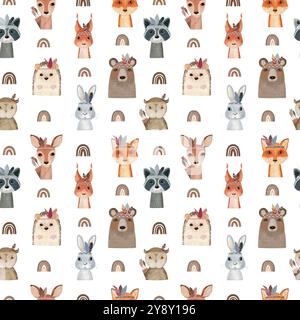 Watercolor seamless pattern with boho animals. Hand drawn illustration for fabric, wrapping paper, etc. Stock Photo