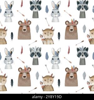 Watercolor seamless pattern with boho animals. Hand drawn illustration for fabric, wrapping paper, etc. Stock Photo