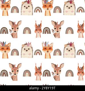 Watercolor seamless pattern with boho animals. Hand drawn illustration for fabric, wrapping paper, etc. Stock Photo