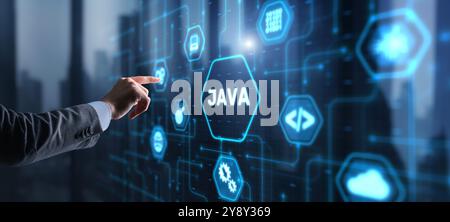 Businessman clicks Java programming language application concept on virtual screen. Stock Photo