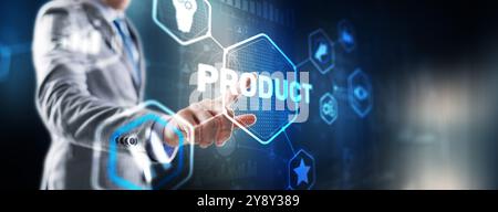 Business hand pushing product quality on virtual screen interface. Stock Photo