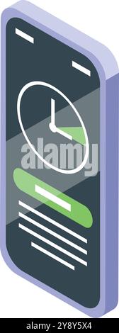 Isometric smartphone displaying a time management interface, featuring a clock and a progress bar, symbolizing productivity and task completion Stock Vector