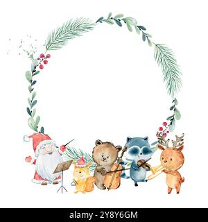 Christmas greeting card. Watercolor vector winter wreath with animals playing musical instruments. Stock Vector