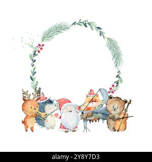 Christmas greeting card. Watercolor vector winter wreath with animals playing musical instruments. Stock Vector